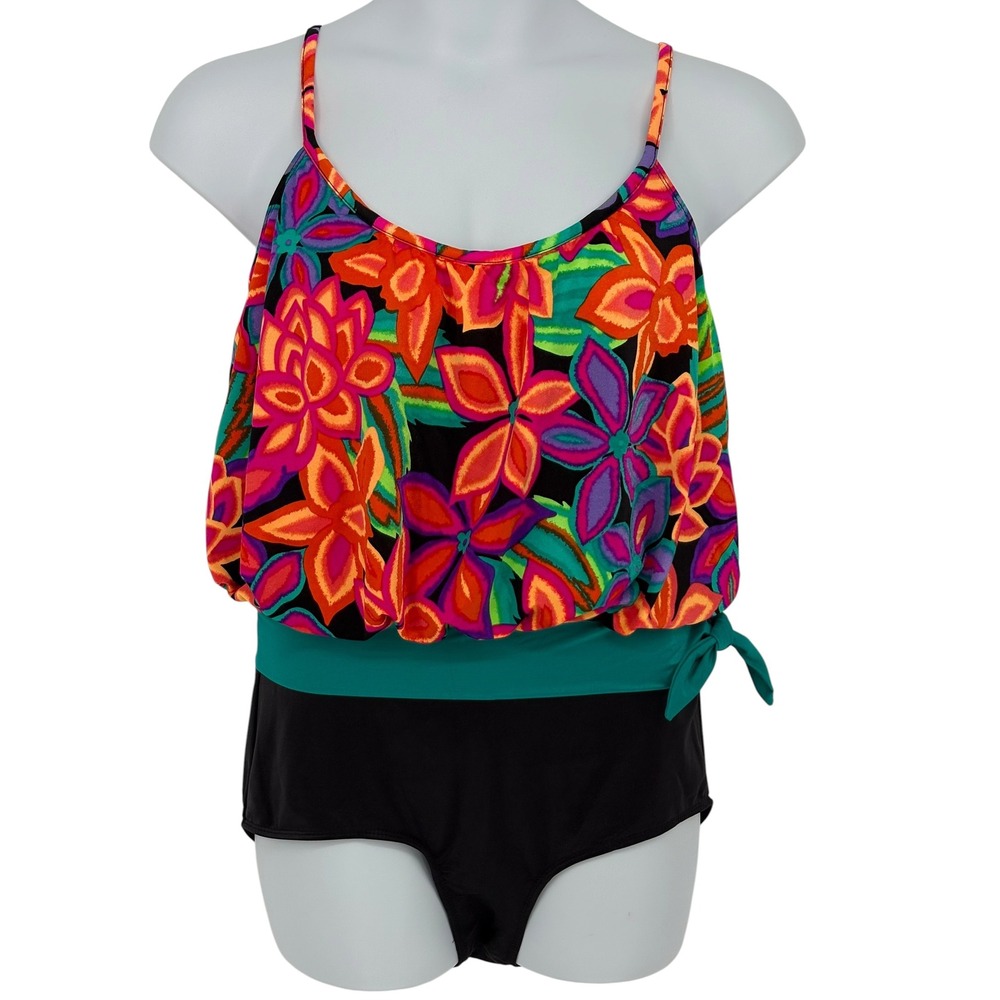 Sunbird One Piece Swimsuit Multicolor Floral Blouson Vintage Size 42